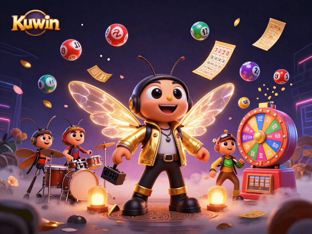 Kuwin creates excitement with a dynamic scene of a cartoon rock star and vibrant lottery elements.
