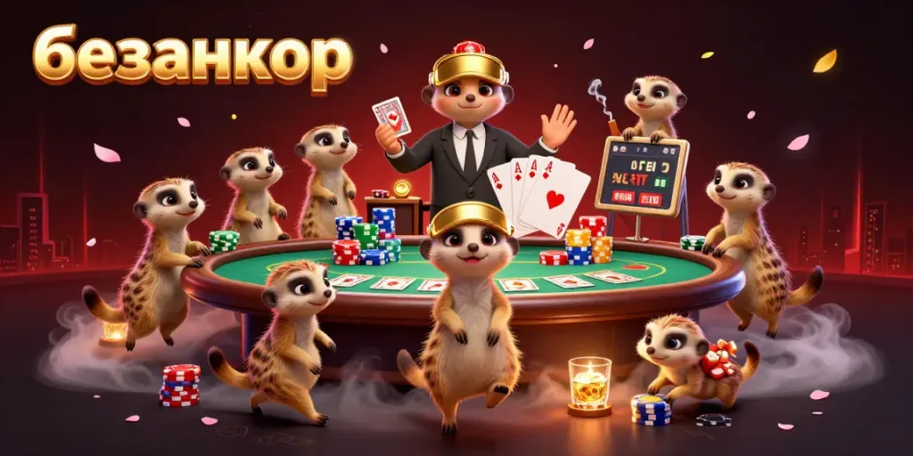 Join the fun at безанкор casino with meerkats running a thrilling poker operation amidst vibrant gaming elements.