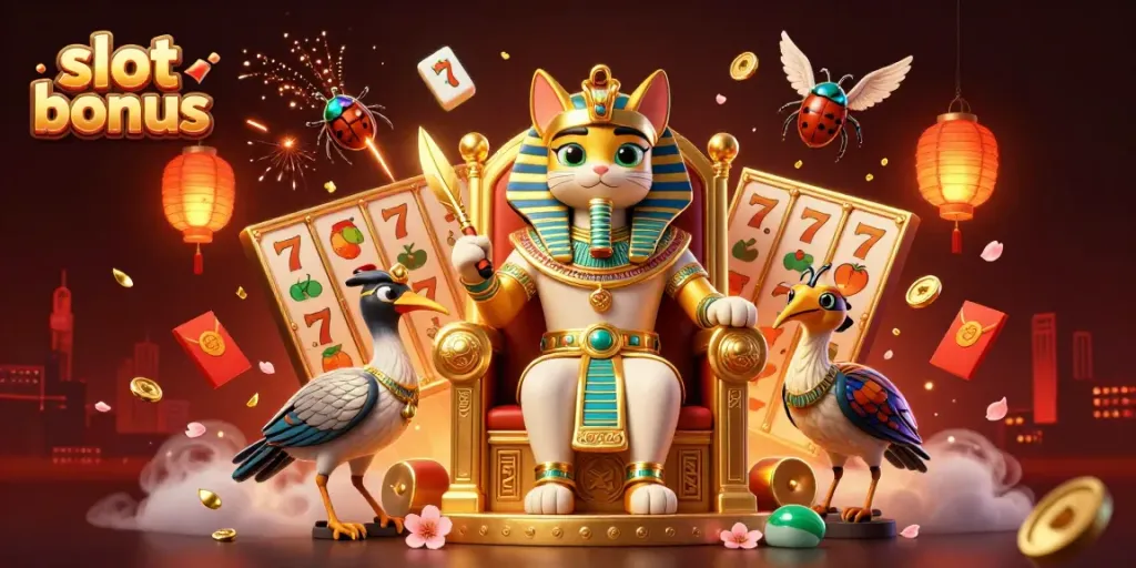 Experience exciting slot bonus action featuring a pharaoh cat and magical elements in vibrant 3D.
