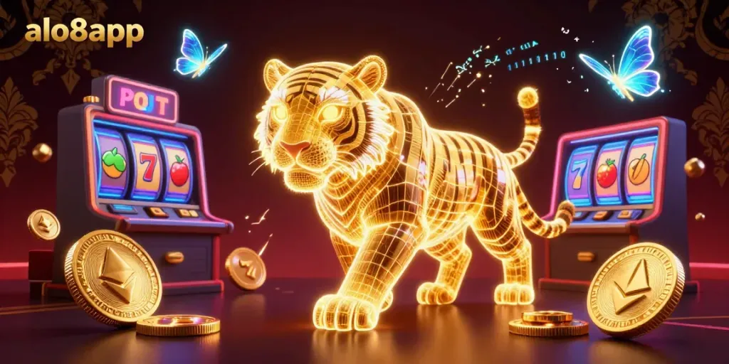 Engage in thrilling casino adventures with alo8app's vibrant golden tiger illustration and crypto themes.