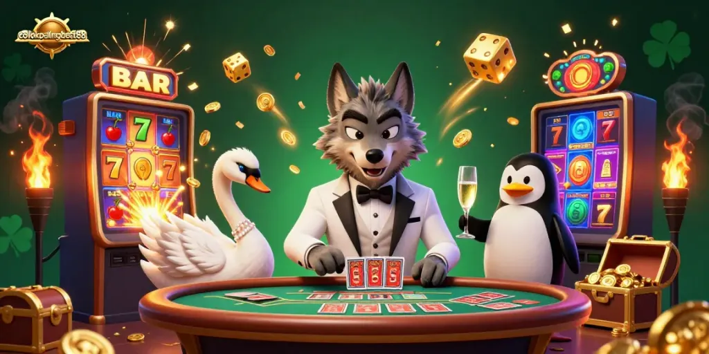 colokpalingbest88 creates excitement with a 3D cartoon wolf at the baccarat table amidst jackpot explosions