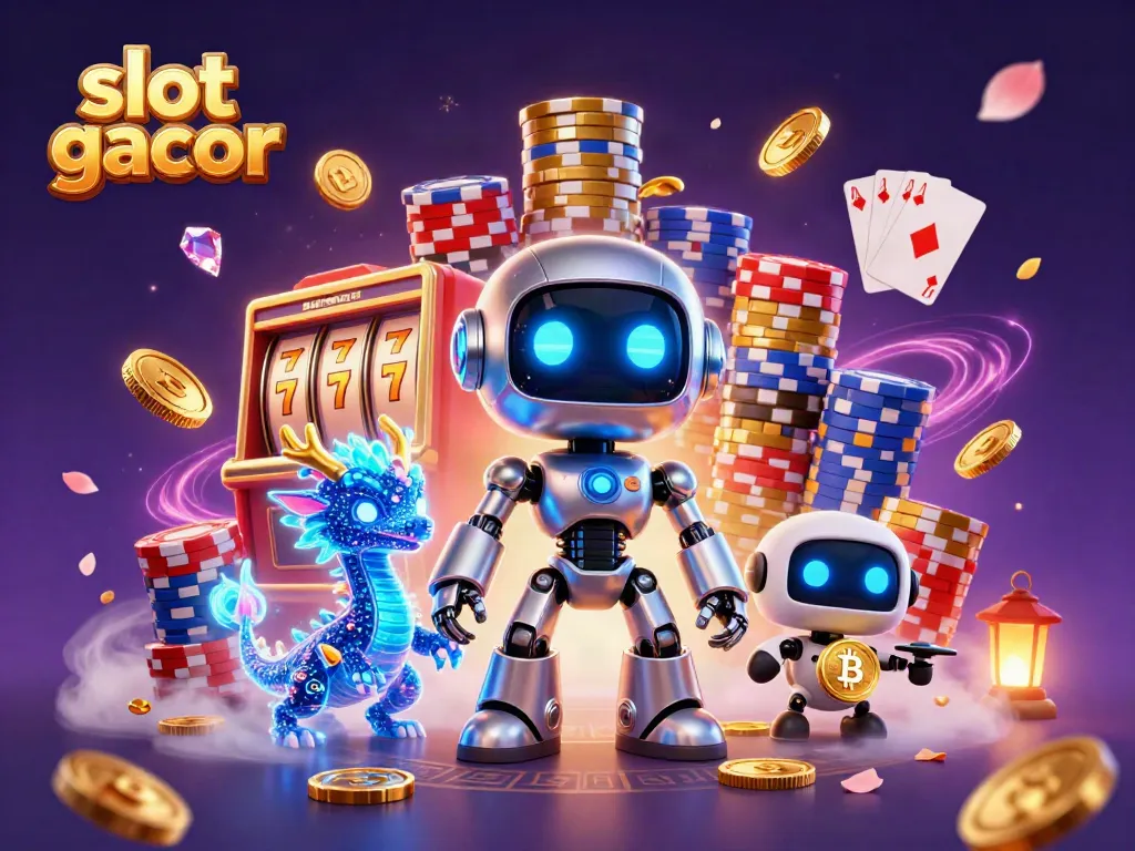 Permainan slot gacor yang menarik dengan robot cyberpunk dan drona membawa simbol bitcoin.