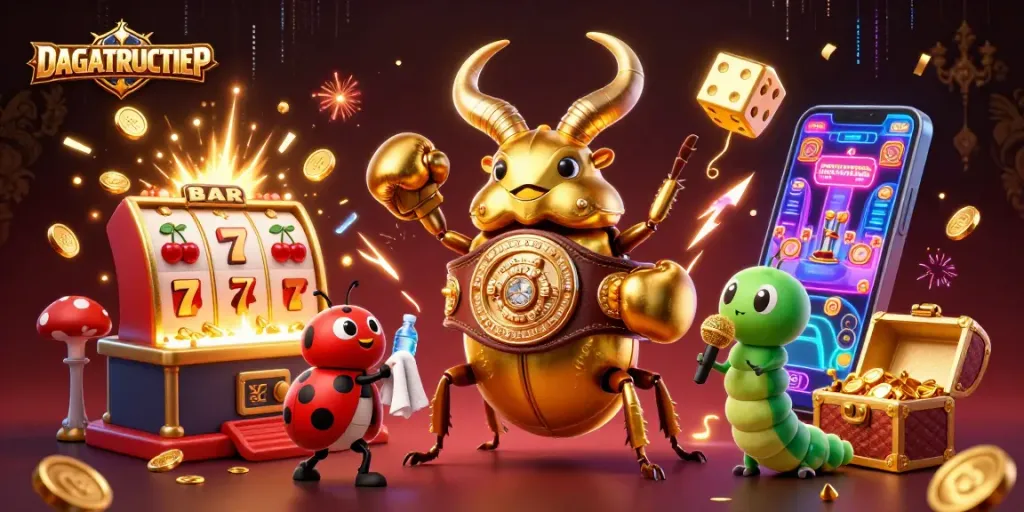 DAGATRUCTIEP showcases vibrant casino action with a giant beetle champion and dynamic slot machine elements.
