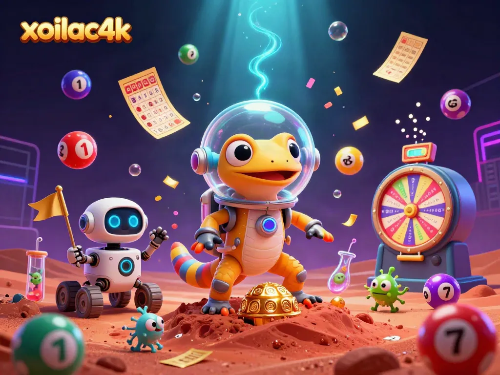 Xoilac4k martian-themed casino scene with a gecko and robot, bouncing lottery balls, and colorful gaming elements.
