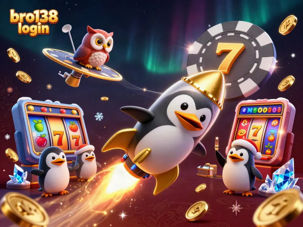 Experience the excitement of bro138 login with a golden penguin in a vibrant casino space adventure.