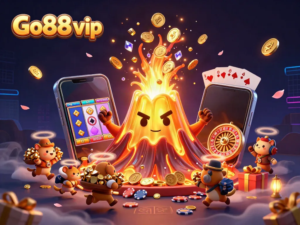 Experience the thrill of Go88 vip with a vibrant 3D scene featuring a golden volcano and treasures.
