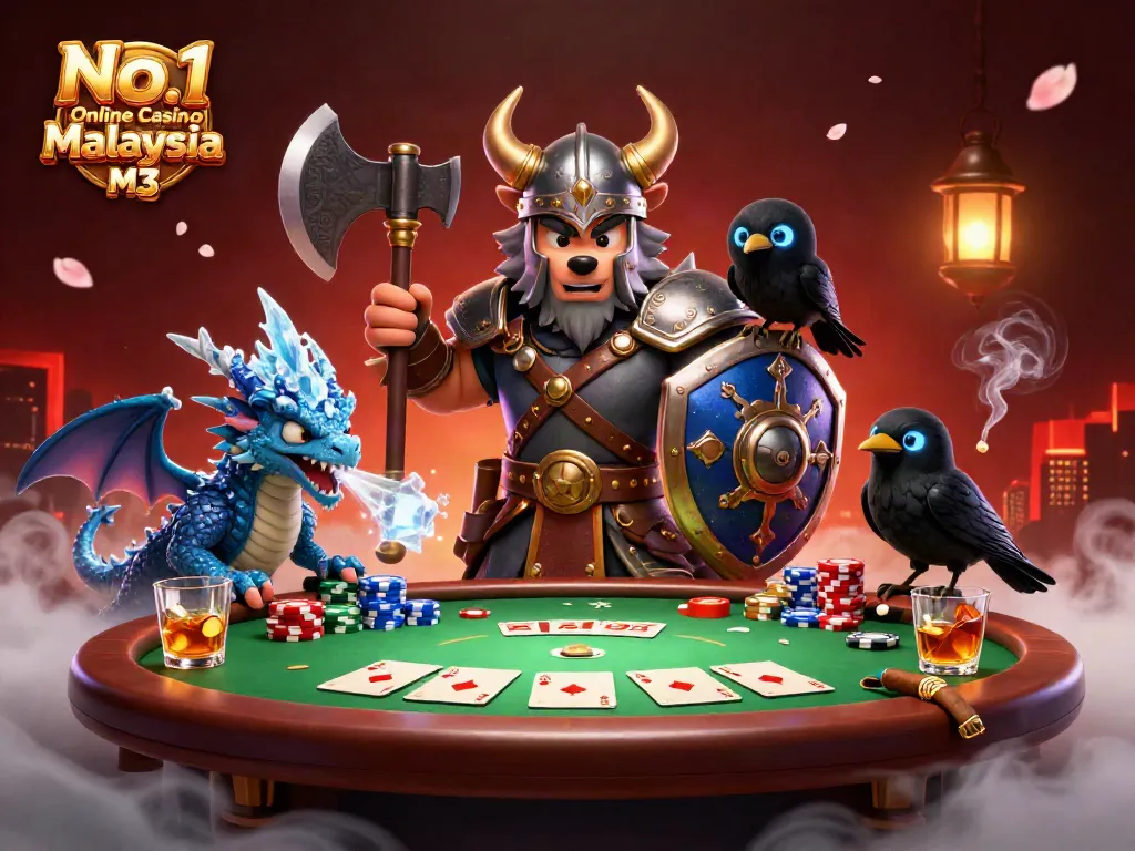 Engage in thrilling gameplay at No.1 Online Casino Malaysia M3 with a vibrant casino scene of Viking warrior, dragon, and poker elements.