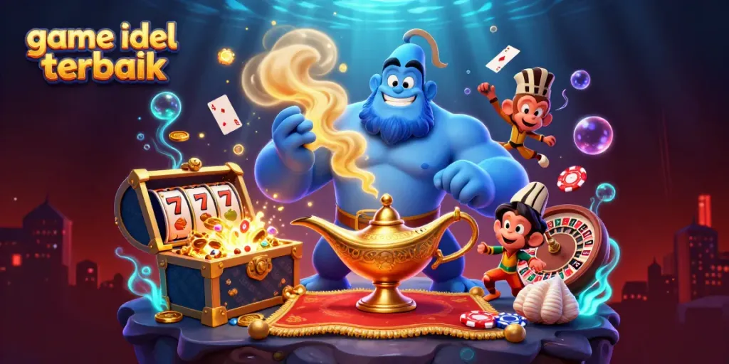 Menggali jackpot dengan game idle terbaik! Permainan slot seru dengan karakter kartun genie dan koin emas.