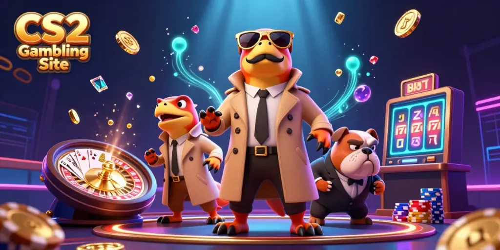 CS2 Gambling Site featuring a trio of raptors in a trench coat attempting entry into a casino, surrounded by golden coins.