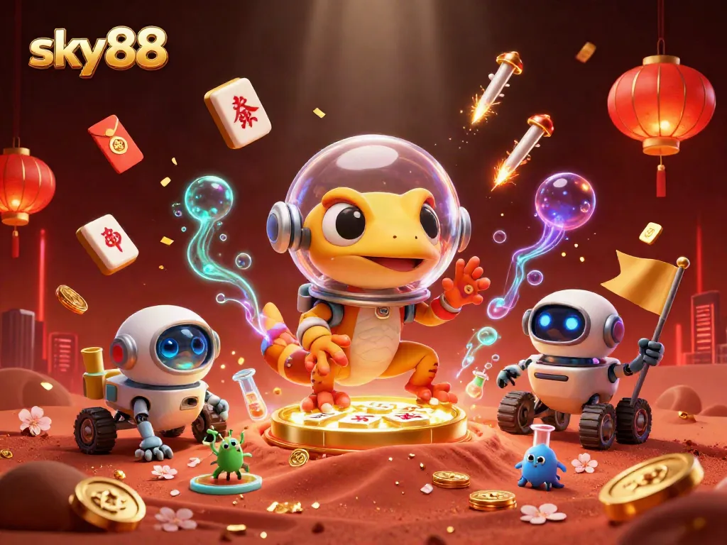 Engage in thrilling casino adventures with sky88, featuring a dynamic Martian gecko and gaming elements.