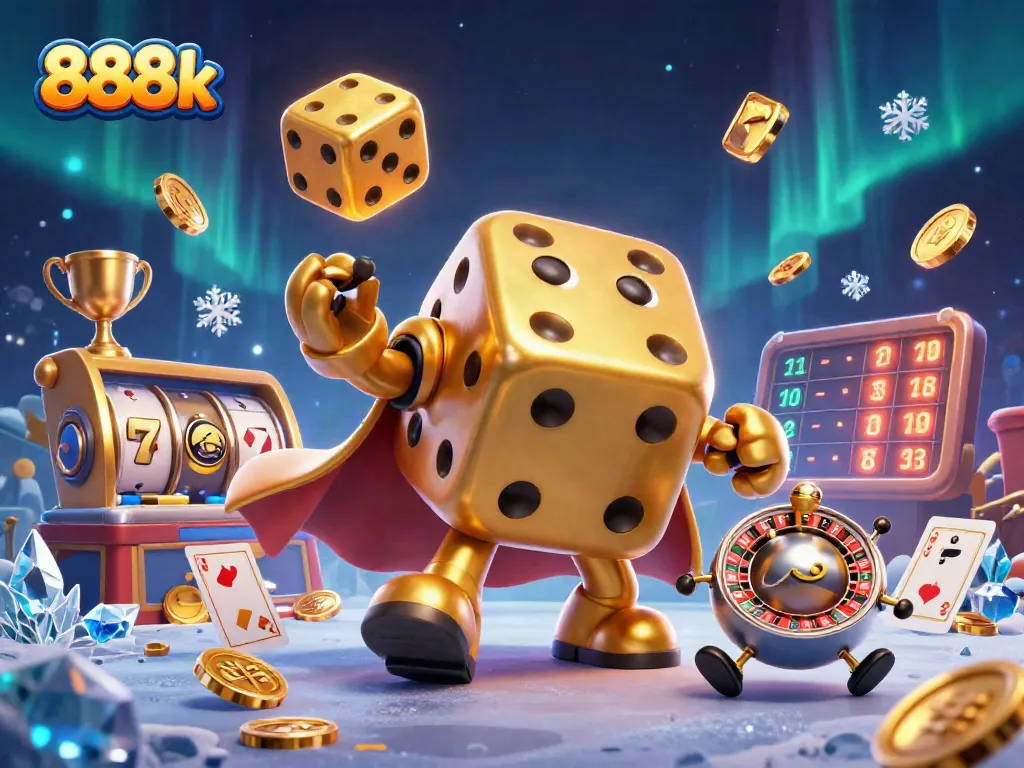 Engage in thrilling gaming with 888k as the golden dice golem juggles winnings.