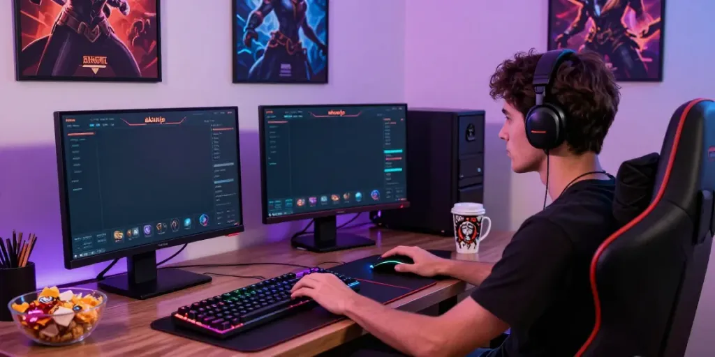 Akunjp online gaming setup with a player focused on the screen, gaming accessories highlighting an immersive experience.