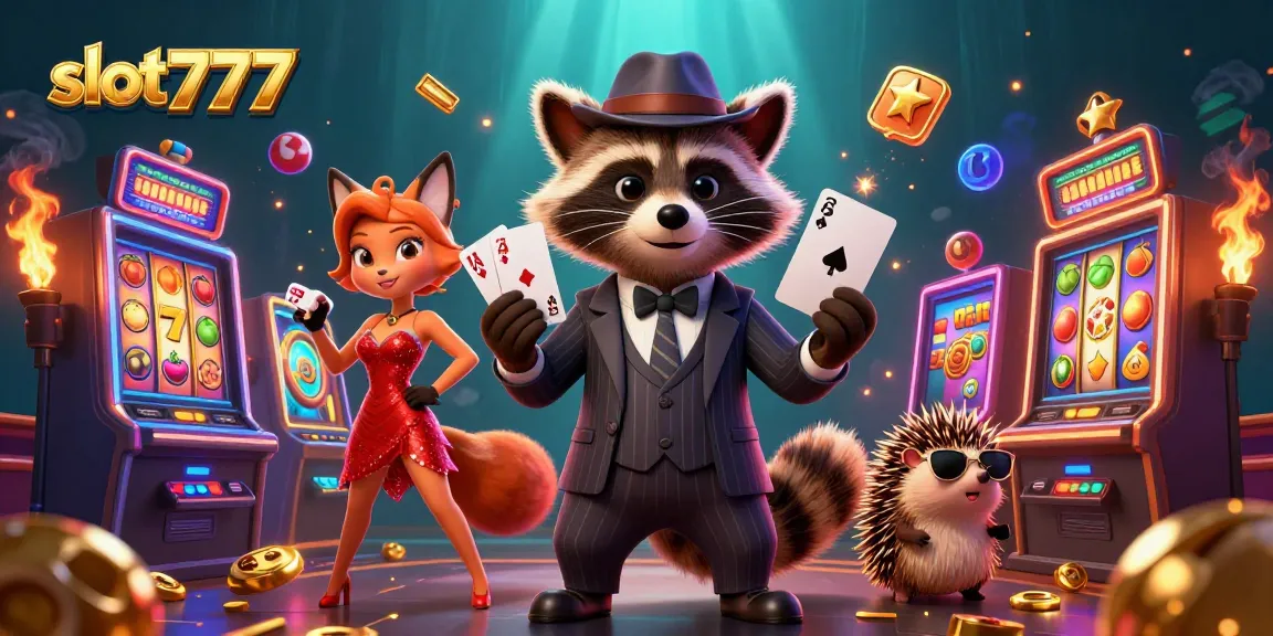 Permainan slot777 menarik dengan karakter unik di kasino, dikelilingi slot dan jackpot menggoda.