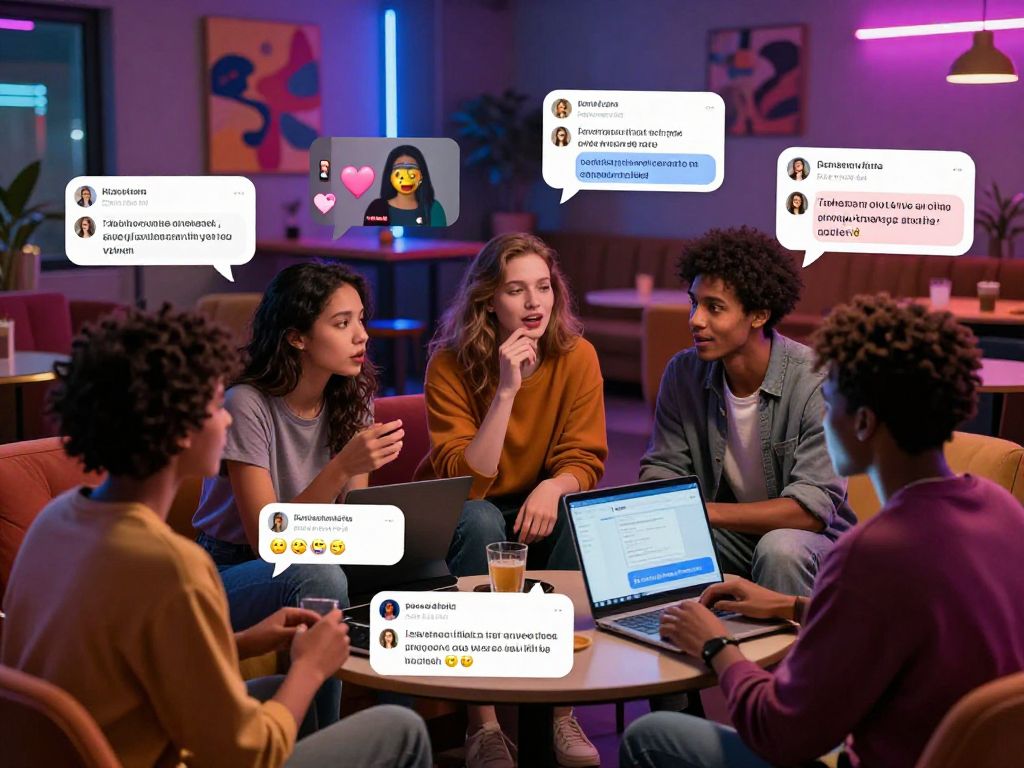 Engaging scene of diverse users in a vibrant AI chat environment discussing various topics related to porn ai chat.