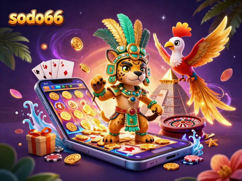 Sodo66 engages players with immersive slots and vibrant casino elements in a stunning illustration.