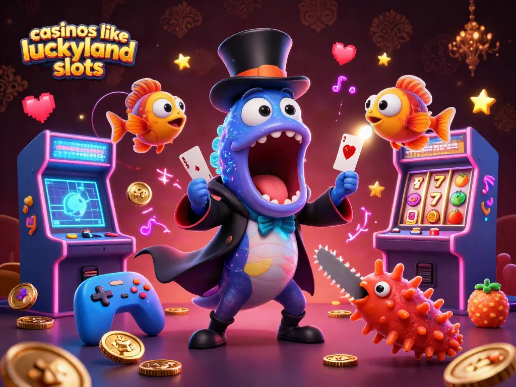 Experience the magic of casinos like LuckyLand Slots with vibrant 3D characters and game elements.
