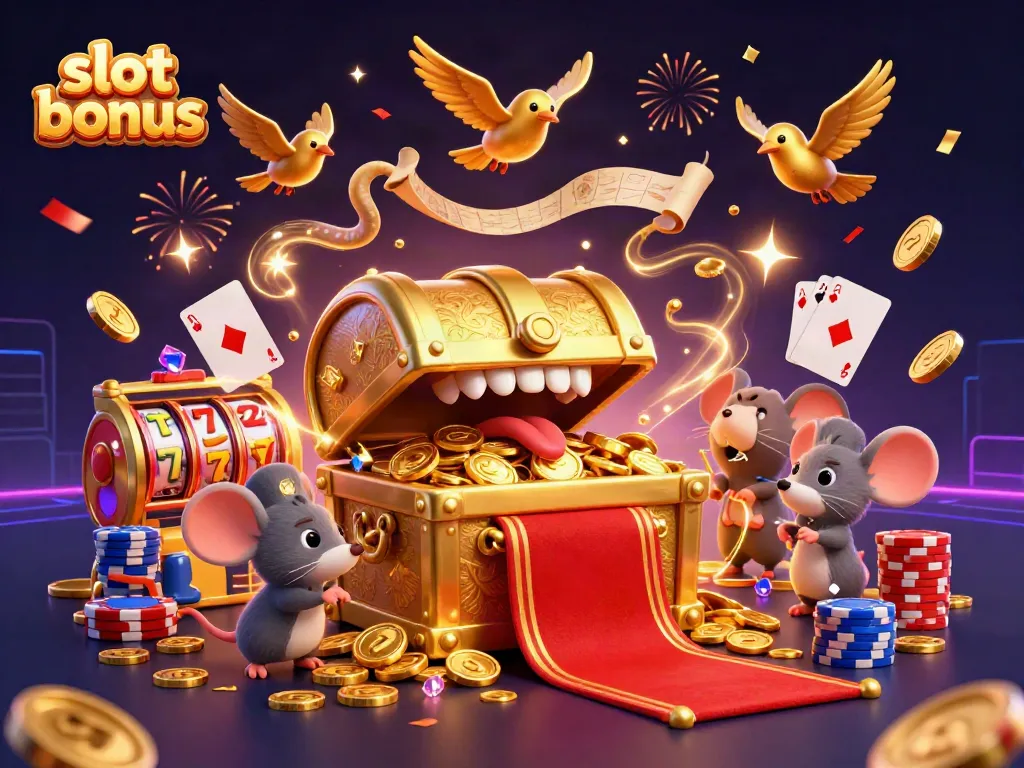 Experience thrilling gameplay with slot bonus as mice are lured by a golden treasure chest in this animated casino scene.