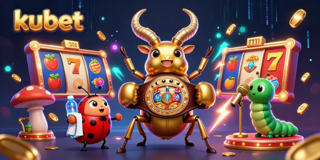 Experience excitement with Kubet in a vibrant 3D illustration of casino games and characters.