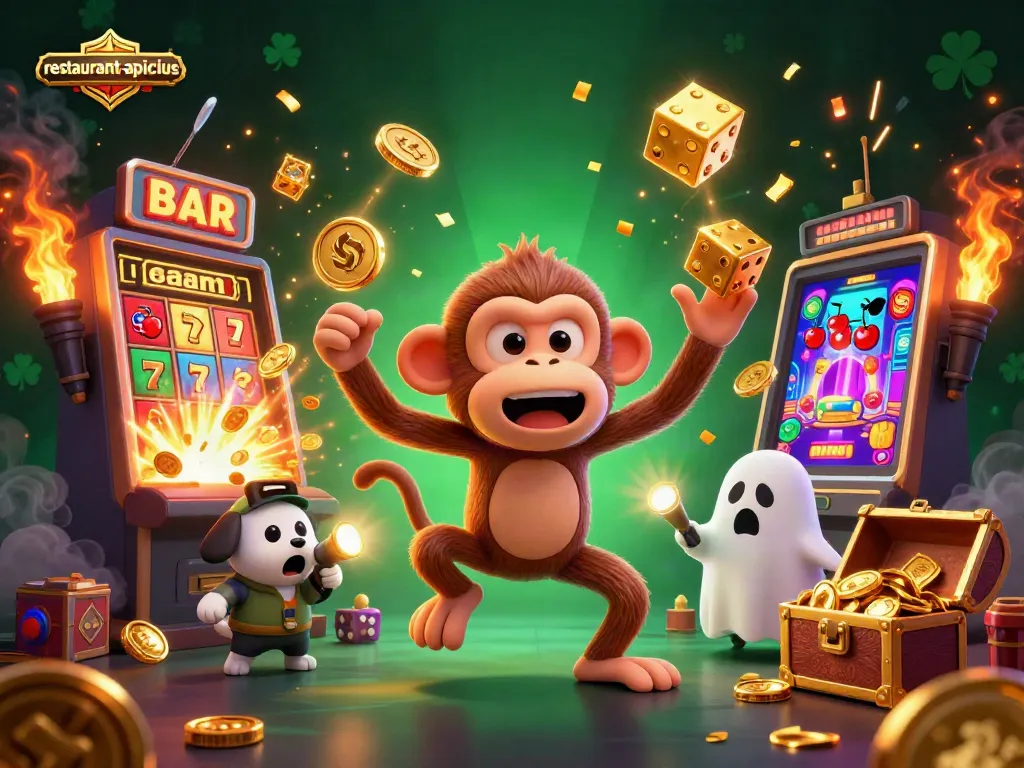Engaging scene at restaurant-apicius with animated ghostly monkey juggling casino items.