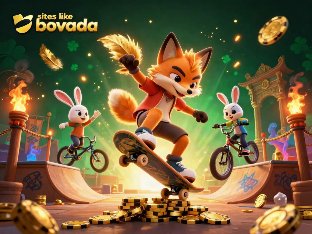 Experience thrilling action with sites like Bovada featuring a skateboarder fox and BMX-riding rabbit in a vibrant casino scene.