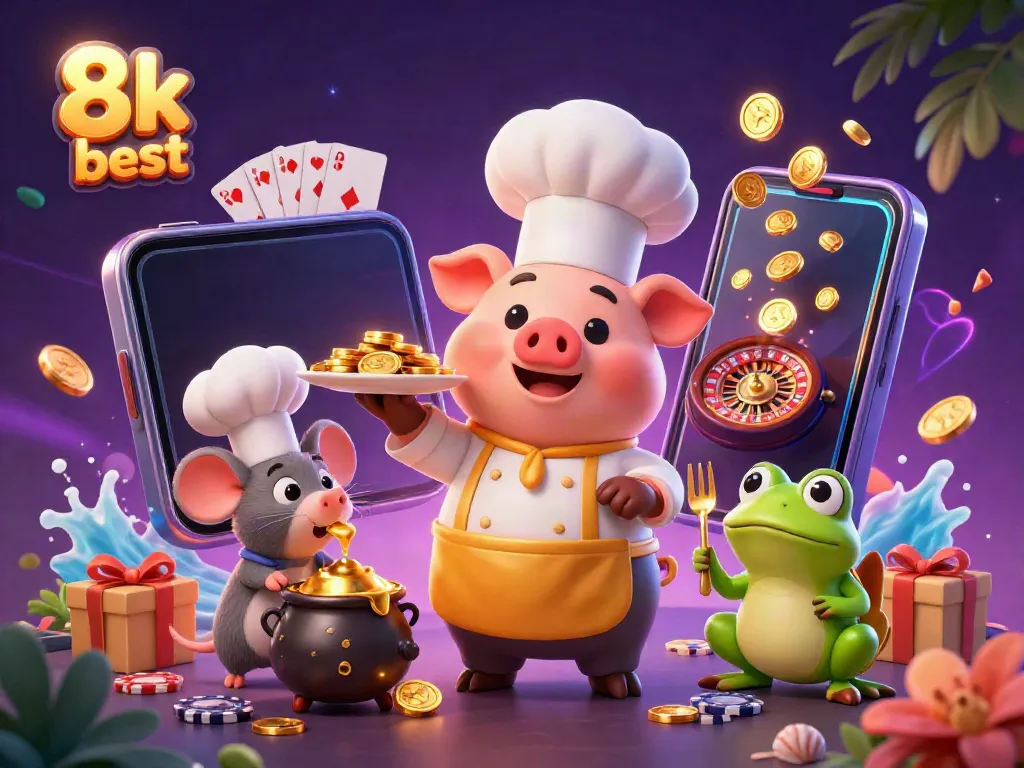 Experience top-tier fun with 8k best in a vibrant casino scene featuring playful characters and games.