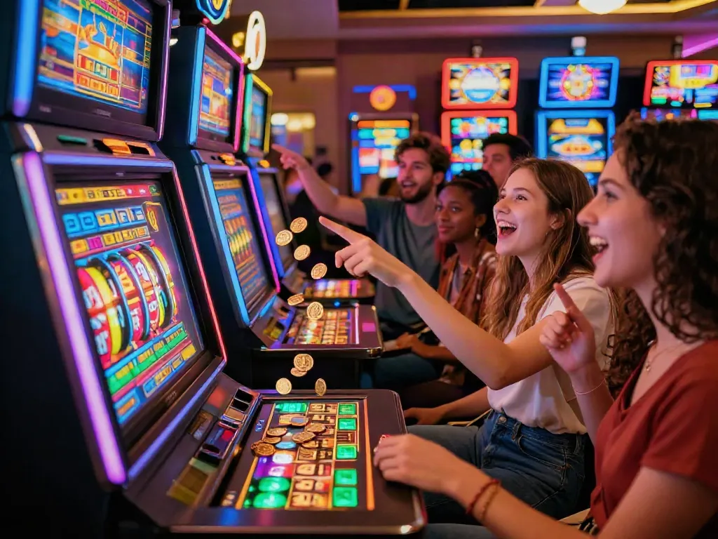 Friends enjoying a thrilling Lucky777 slot machine experience in a vibrant casino.