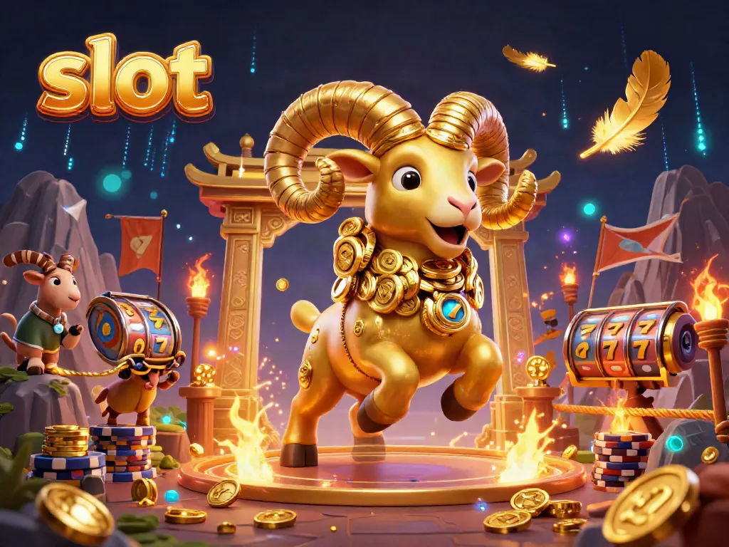 Experience stunning slot action with a golden ram charging through vibrant casino elements.