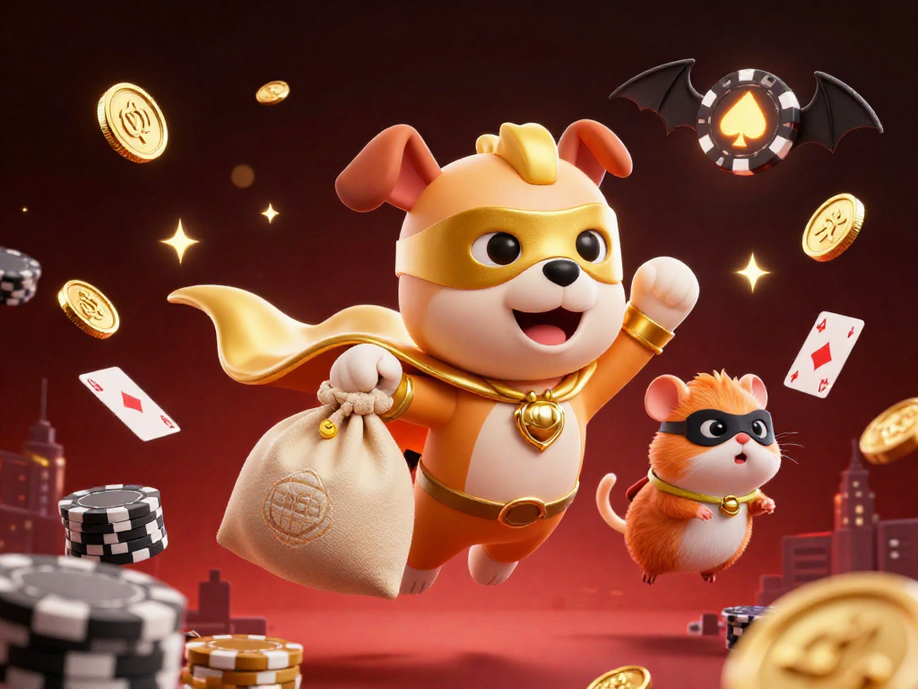 Engage in exciting three-card-poker action with dynamic characters amidst flying poker elements.