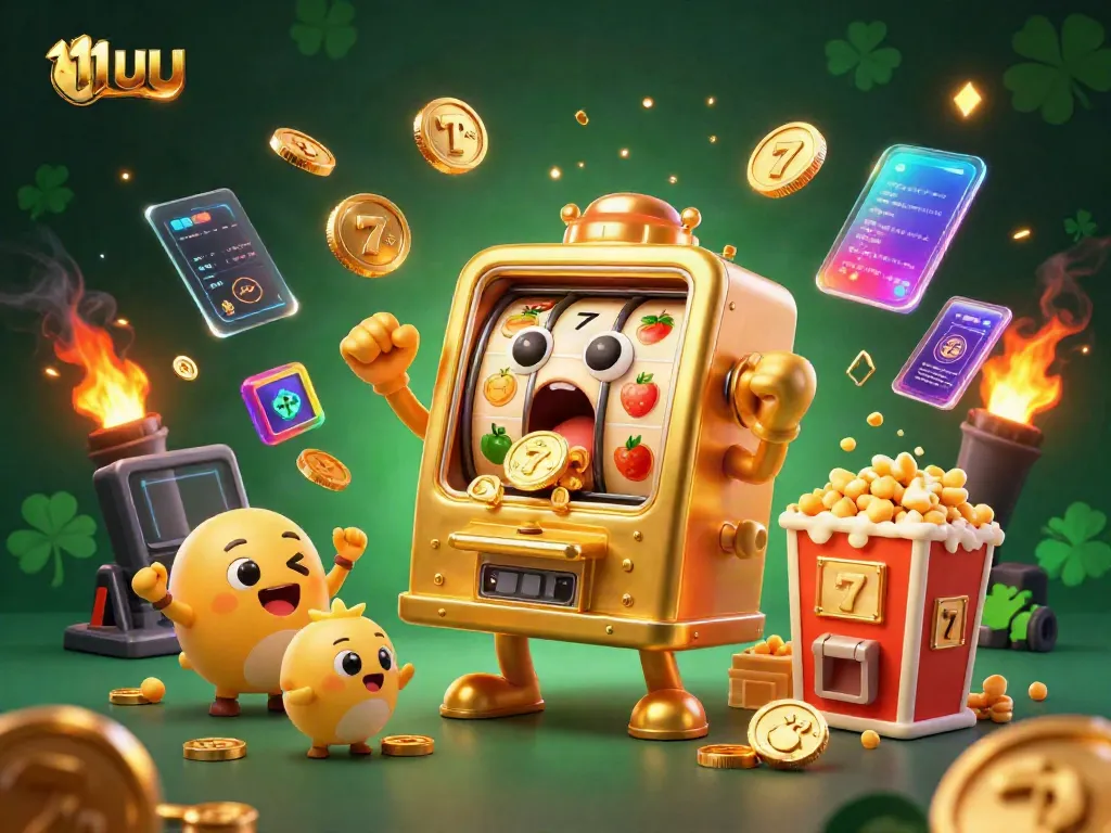 11uu engages players with a lively casino scene featuring a golden slot machine celebrating a jackpot.