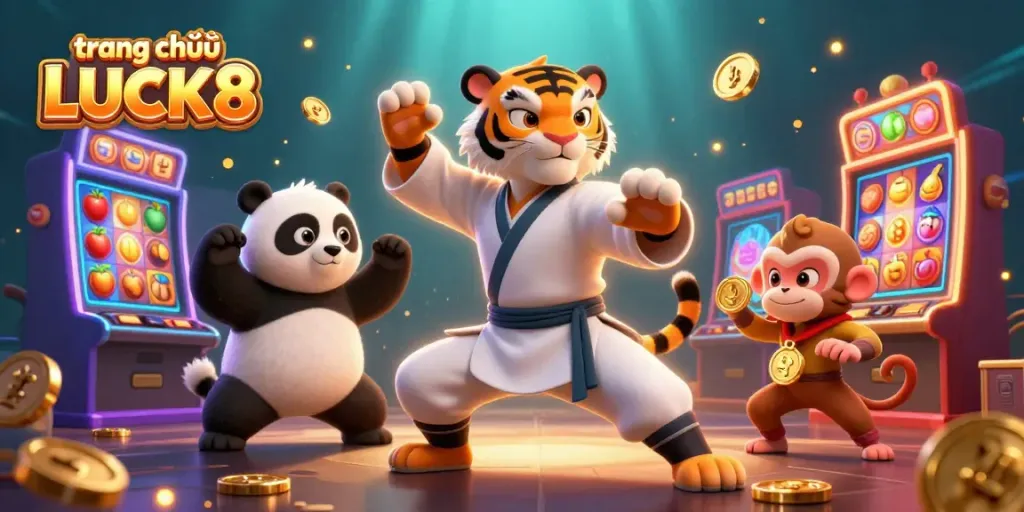 Experience the thrilling world of trang chủ LUCK8, where animated characters celebrate wins amidst vibrant slot elements.