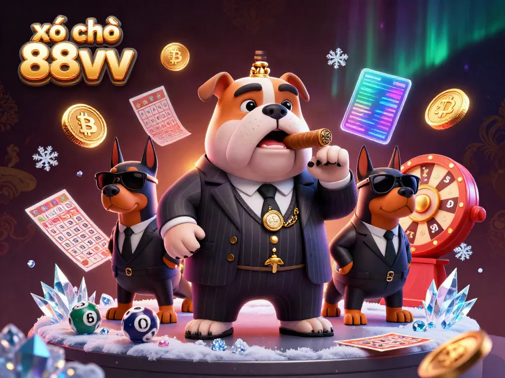 Engage in xổ số 88vv adventure with a mafia bulldog and his bodyguard Dobermans in an artful casino scene.