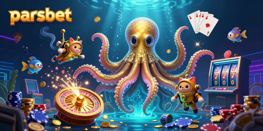 Experience the thrill of winning with parsbet's vibrant casino scene featuring a kraken and diving cat.