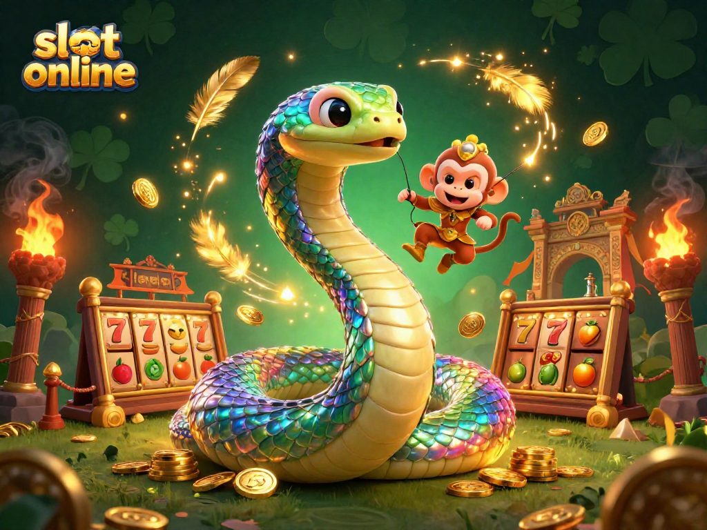Slot online dengan karakter unik, simbol keberuntungan, dan latar gemerlap yang menawan.