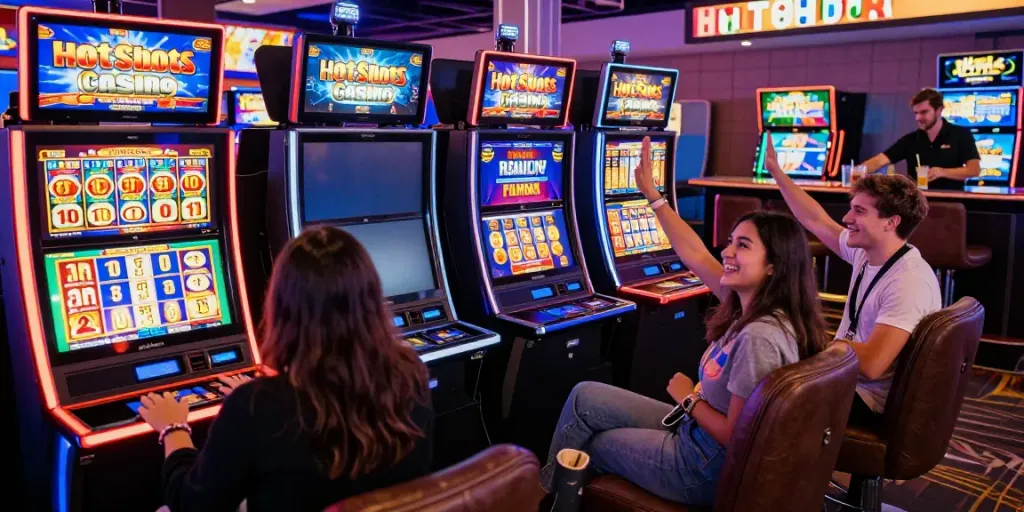 Spieler im Hotslots Casino erleben Spannung und Freude beim Spielen an Spielautomaten und feiern Gewinne.
