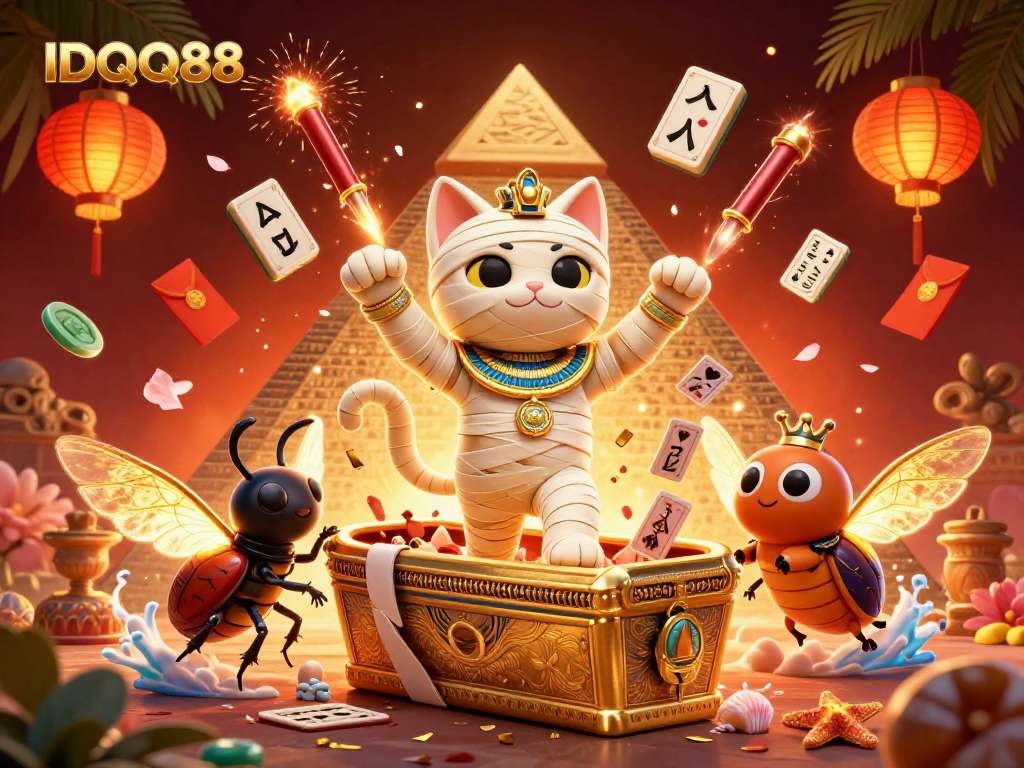 IDQQ88 brings luck in a vibrant casino scene featuring a mummy cat, scarab, and gaming elements.