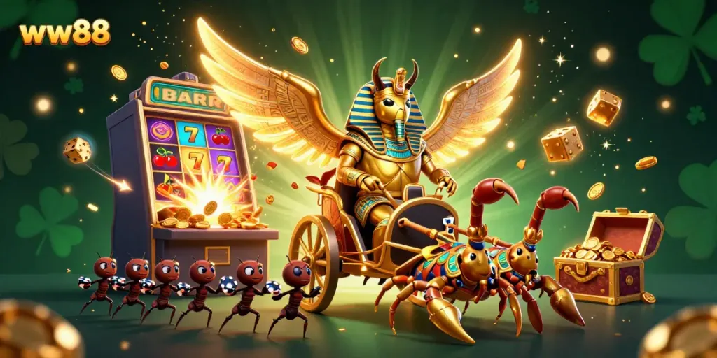 Experience the excitement of ww88 with a lively casino scene featuring a golden scarab and more.