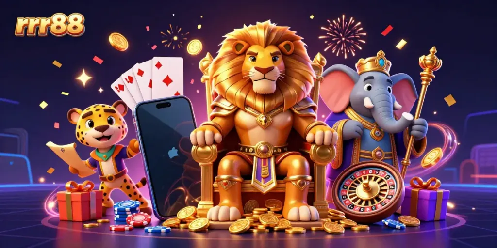 Experience the exciting world of rrr88 through this vibrant 3D casino illustration featuring a lion king and playful motifs.