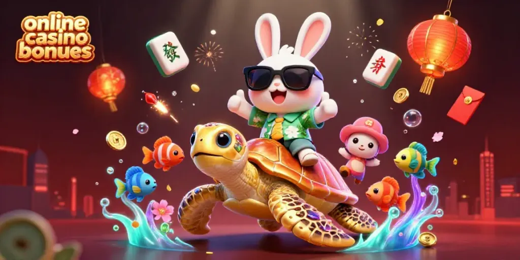 Experience thrilling online casino bonuses with lucky rabbit and golden turtle in a vibrant 3D scene.