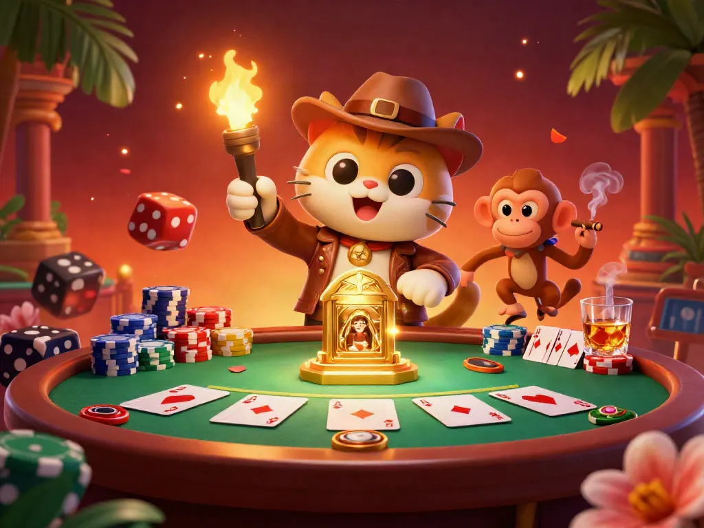 Engaging scene capturing a cat and monkey exploring lô đề treasures, highlighting tin tức lô đề online excitement and vibrant casino energy.