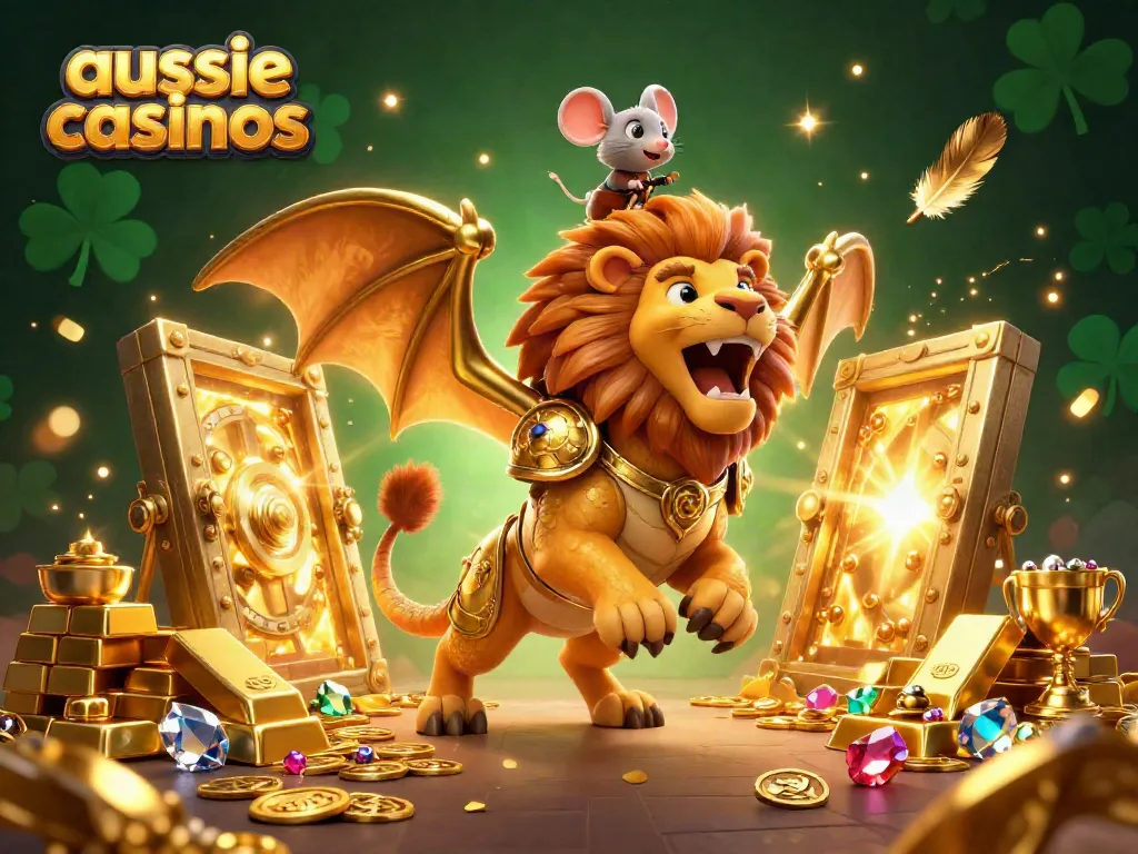 Aussie casinos scene with a majestic chimera and mouse jockey revealing riches like gold bars and gems.