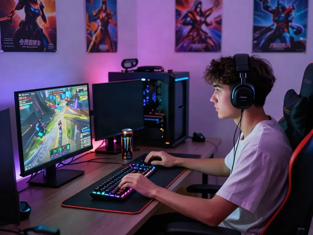 Engaging gaming environment featuring QQMacan in action with vibrant lights and multiple screens.