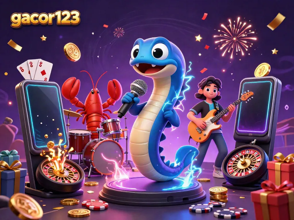 Engage with gacor123 in an electrifying underwater casino scene featuring vibrant characters and dynamic elements.