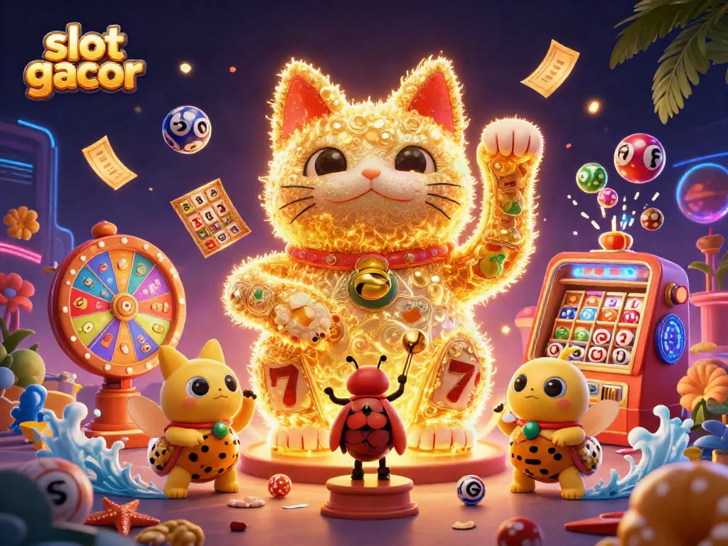 Engage with slot gacor gaming as golden fireflies form a lucky cat among vibrant slot symbols.