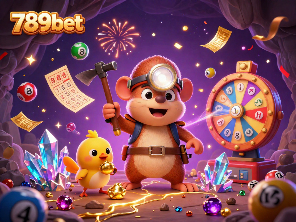 Engage with 789bet through an exciting treasure hunt illustration featuring a mole and vibrant lottery elements.