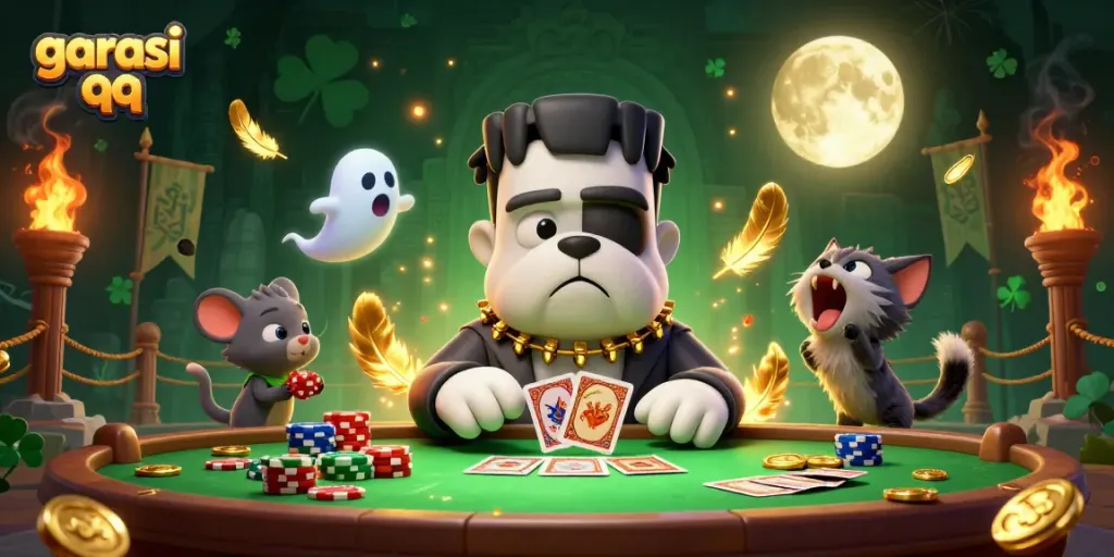 Garasi qq casino scene featuring a Frankenstein bulldog dealing cards amidst mystical elements, ideal for gambling enthusiasts.