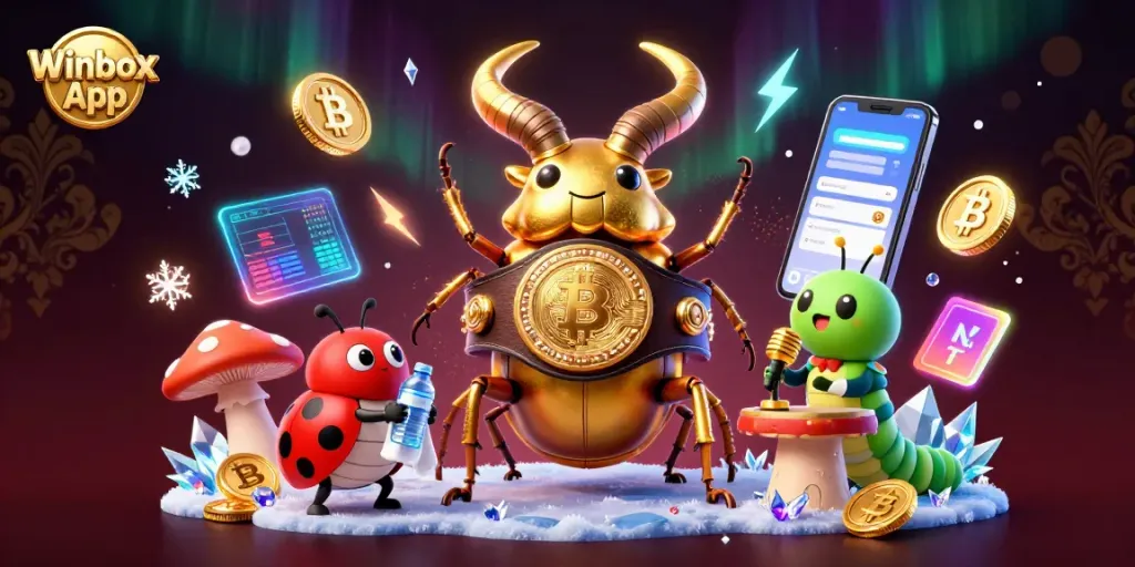 Join the excitement with the Winbox App, where giant characters and crypto elements collide in this dynamic casino illustration!