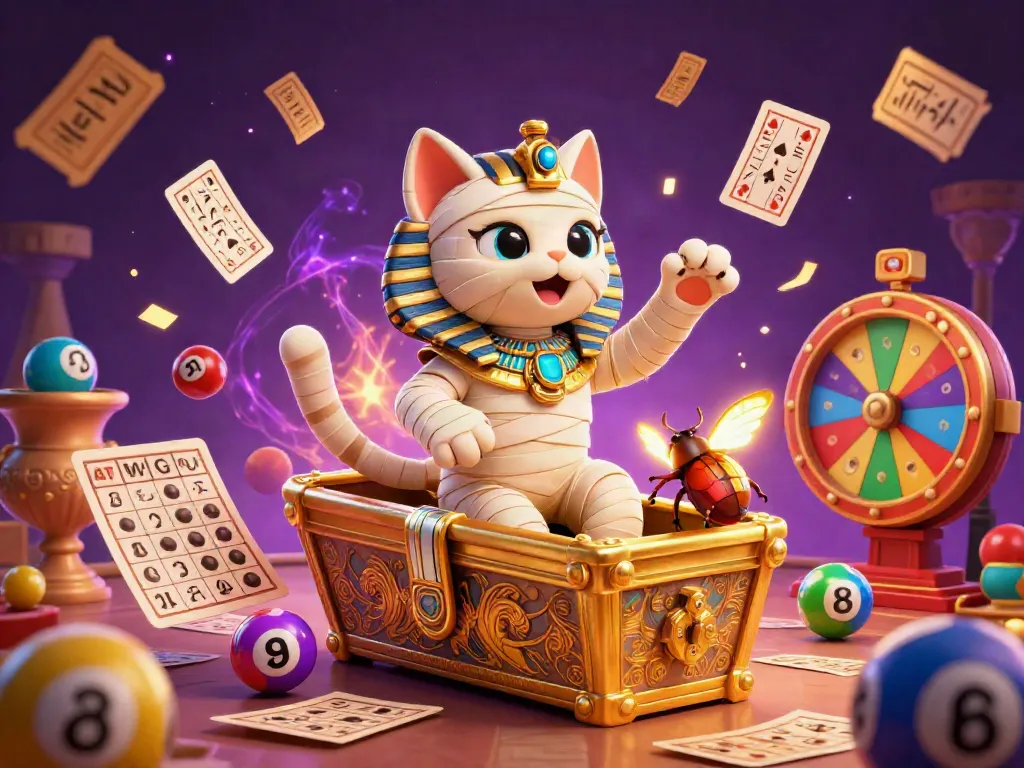 Interact with 7m gaming elements in this lively pyramid casino scene featuring a vibrant Egyptian mummy cat.