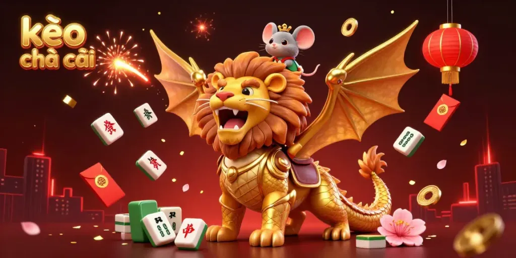 Experience the thrill of kèo nhà cái with vibrant scenes of dynamic gambling elements and golden chimera creature.