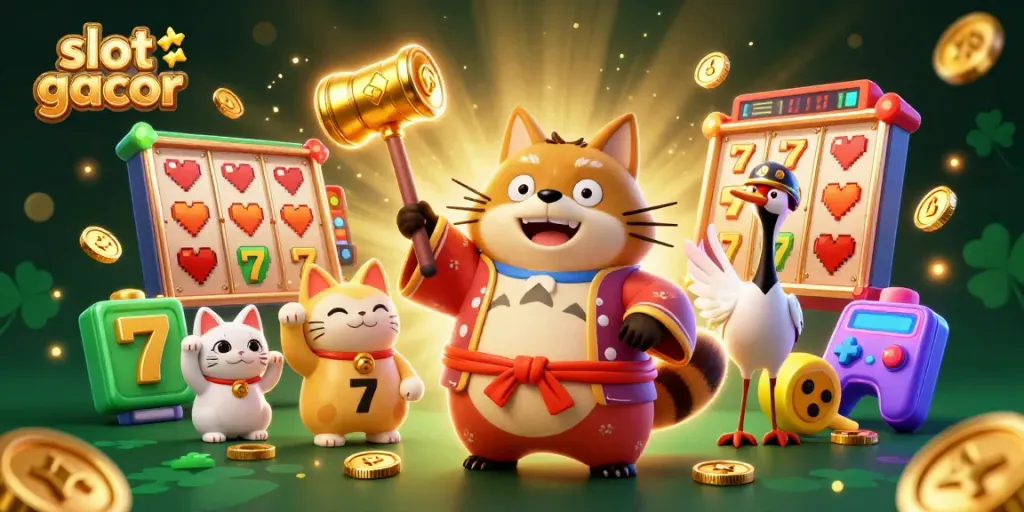 Witness the excitement of slot gacor in this vibrant 3D illustration with gambling elements.