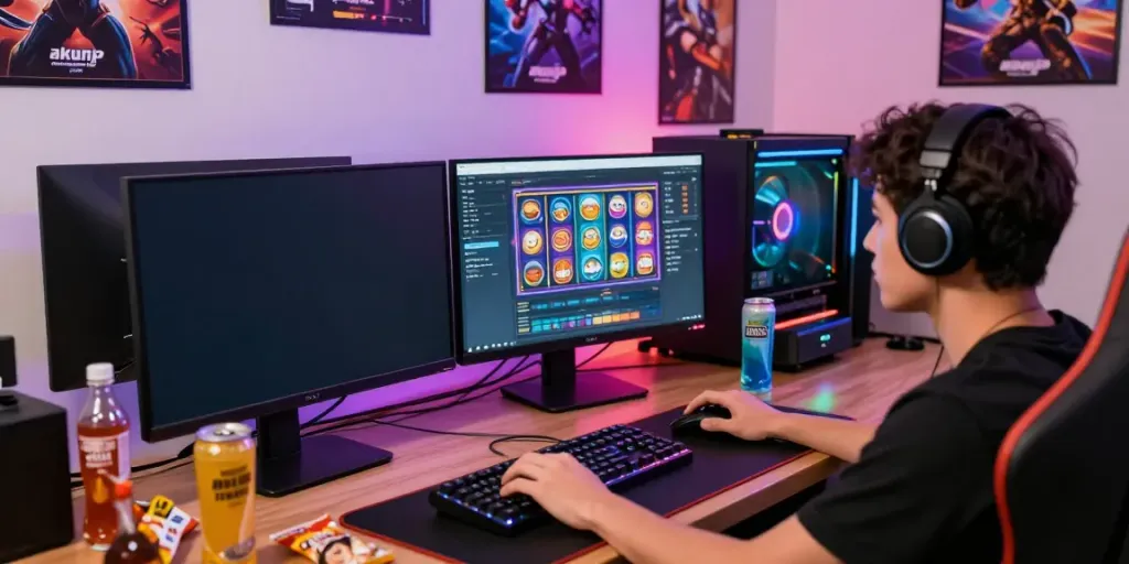 Engaged gamer exploring the akunjp platform interface in a vibrant setup.